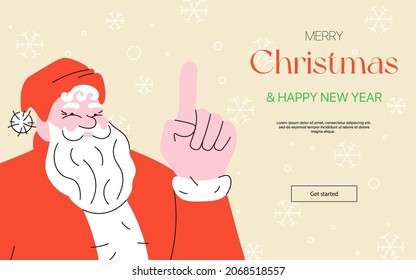 Website social media greeting with Merry Christmas and Happy New year. Santa Claus raised his index finger attention. Flat Art Vector Illustration