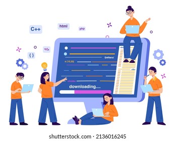 Website software developing, app programmers team concept. Code engeneers programming on computer vector illustration. Programmers and software developers. Software programmer development