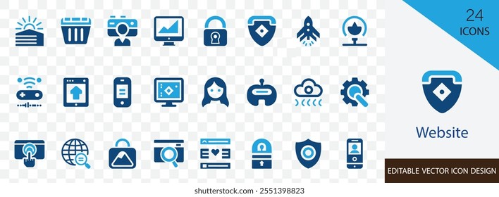 Website solid icon set. containing user experience, homepage, security, e- commerce, internet, sitemap and vector icons