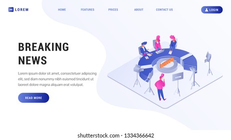 Website with speakers sitting near table and camera man broadcasting live in high tech room vector isometric illustration