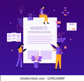 Website specification concept. A team of specialists prepares document. Web development. Flat vector illustration.