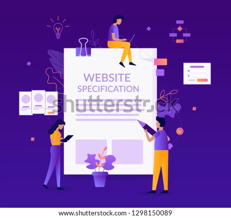 Website specification concept. A team of specialists prepares document. Web development. Flat vector illustration.