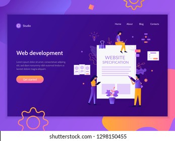 Website specification. Creative landing page design template. Web development concept. Flat vector illustration.