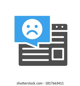 Website with speech bubble and sad face colored icon. User feedback, disapproving article symbol