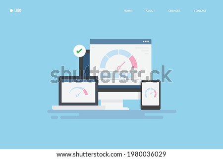 Website speed, loading speed, website performance, website speed test, SEO check - conceptual flat design vector landing page illustration