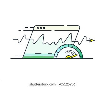 Website speed loading time icon. Web browser with speedometer testing Speed of internet connection. Data compression during transmission over global communication networks.