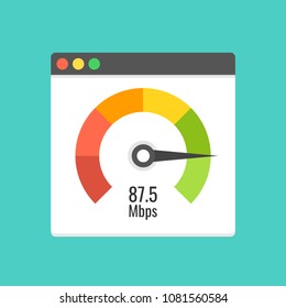 Website speed loading time. Web browser with speedometer test showing fast good page loading speed time. Vector illustration.