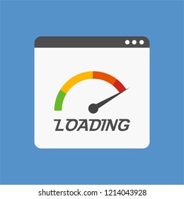 Website speed loading time. Web browser with speedometer test showing fast good page loading speed time. Vector illustration