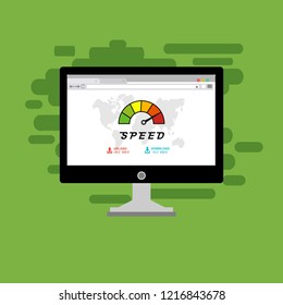 Website speed loading time. Web browser with speedometer test showing fast good page loading speed time. Vector illustration