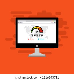 Website speed loading time. Web browser with speedometer test showing fast good page loading speed time. Vector illustration