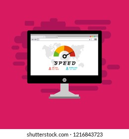 Website speed loading time. Web browser with speedometer test showing fast good page loading speed time. Vector illustration