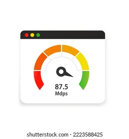 Website speed loading time. Web browser with speedometer test showing fast good page loading speed time. Vector illustration