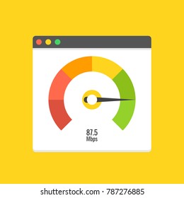 Website speed loading time. Web browser with speedometer test showing fast good page loading speed time. Vector illustration.
