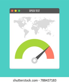Website speed loading time. Web browser with speedometer test showing fast good page loading speed time. Vector illustration.