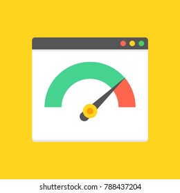 Website speed loading time. Web browser with speedometer test showing fast good page loading speed time. Vector illustration.