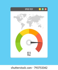 Website speed loading time. Web browser with speedometer test showing fast good page loading speed time. Vector illustration.