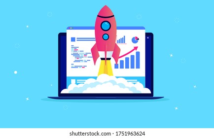 Website speed optimisation - Laptop with webpage and analytic tools on screen. Rocket flying up symbolising fast launch. SEOm performance and web development concept. Vector illustration.