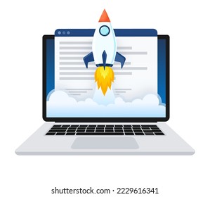 Website speed optimisation - Laptop with webpage and analytic tools on screen. Vector illustration.