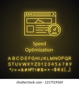 Website speed optimization neon light icon. Web hosting speed. Web performance. Website with speedometer. Glowing sign with alphabet, numbers and symbols. Vector isolated illustration