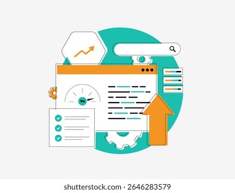 Otimização de velocidade do site e conceito de auditoria de desempenho de SEO com pontuação de velocidade, lista de verificação, engrenagem e seta para cima. Melhoramentos de classificação de pesquisa com a ilustração de vetor de otimização de conteúdo de velocidade na Web