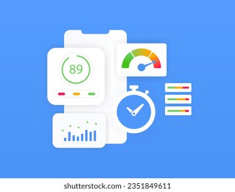 Website Speed Test concept. Technical seo for enhance web page speed. Interaction to Next Paint, Website loading speed vector isolated illustration on blue background with icons. 