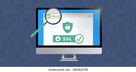 Website with SSL certificate encryption. Browser window with safe https (HyperText Transfer Protocol Secure) url in web address bar. Advantage TLS (Transport Layer Security). Flat vector illustration 