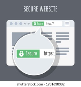 Website With Ssl Certificate - Green Address Bar In Browser Window, Ssl Icon, Vector