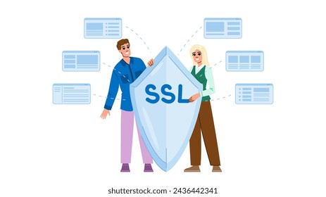 website ssl secure sockets layer  vector.  tls url, domain encryption, certificate web website ssl secure sockets layer character. people flat cartoon illustration