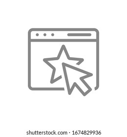 Sitio web con icono de línea estrella. Correo electrónico del cliente, agregar a favoritos, voto en línea, clasificación de estrellas en símbolo de mensaje