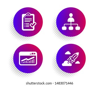 Website statistics, Approved checklist and Management icons simple set. Halftone dots button. Startup rocket sign. Data analysis, Accepted message, Agent. Business innovation. Education set. Vector