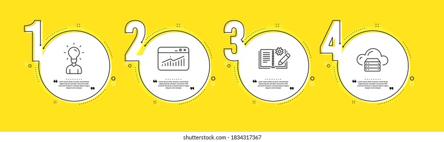 Website statistics, Engineering documentation and Education line icons set. Timeline process infograph. Cloud server sign. Data analysis, Manual, Human idea. Web storage. Education set. Vector