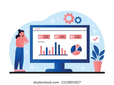 Website Stats Concept. Financial Literacy, Work With Statistics. Analytical Department Conducts Marketing Research, Evaluates Effectiveness Of Company Or Project. Cartoon Flat Vector Illustration