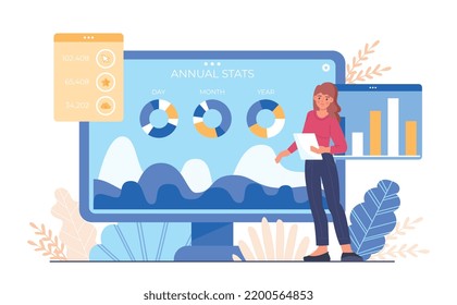 Website Stats Concept. Young Girl Analyzes Graphs, Charts And Diagrams, SEO Specialist Evaluates User Behavior. Web Page Promotion, Search Engine Optimization. Cartoon Flat Vector Illustration