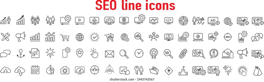 Website stats, Target and Increase sales signs. Seo line icons. Traffic management, social network and seo optimization icons. Gear wheel, Search engine and increase mobile sales. Vector