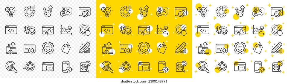 Website stats, Target and Increase sales signs. Seo line icons. Traffic management, social network and seo optimization icons. Gear wheel, Search engine and increase mobile sales. Vector