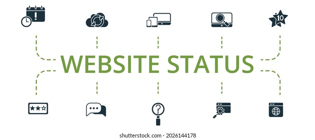 Juego de iconos de estado del sitio web. Contiene iconos editables como el tema de la fecha límite de la campaña, la supervisión de seo, el gráfico 10 superior y más.