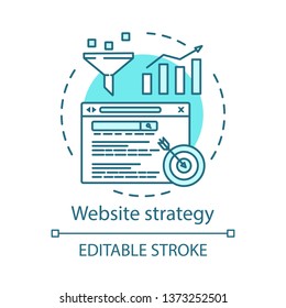 Website strategy concept icon. SEO marketing idea thin line illustration. Content management. Search optimization. Targeting, ranking. Sales funnel. Vector isolated outline drawing. Editable stroke