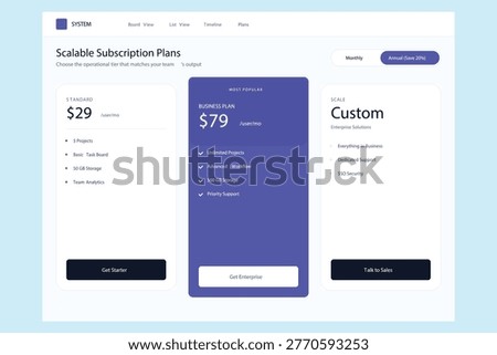 Website subscription plans page with customizable options for business use