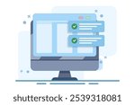 Website success notification concept with check mark, web updated task list with check mark on laptop computer flat cartoon vector, internet online digital check on pc report. Vector illustration.