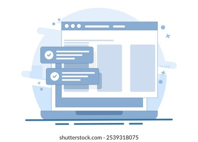 Concepto de notificación de éxito de Sitio web con marca de verificación, lista de tareas actualizada de Web con marca de verificación en el Vector plano de dibujos animados de la computadora portátil, Internet en línea de comprobación digital en el informe de PC. Ilustración vectorial.