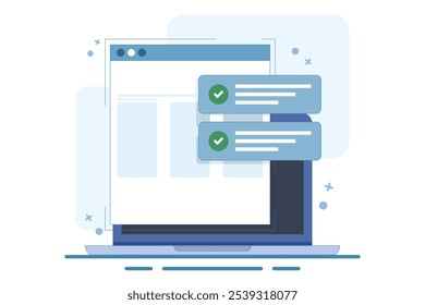 Website success notification concept with check mark, web updated task list with check mark on laptop computer flat cartoon vector, internet online digital check on pc report. Vector illustration.