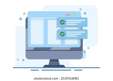 Conceito de notificação de sucesso do site com marca de verificação, lista de tarefas atualizada pela Web com marca de verificação no vetor de desenho animado plano do computador portátil, verificação digital online da internet no relatório do pc. Ilustração vetorial.