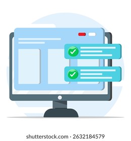 Website success notification concept. Web updated task list with check mark computer screen.