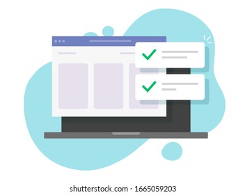 Notificaciones de éxito del sitio web con marcas de verificación o lista de tareas actualizada en la web con ticks en caricaturas planas vectoriales del ordenador portátil, ilustración de la lista de comprobación en línea de inserción digital en Internet en el informe pc moderno