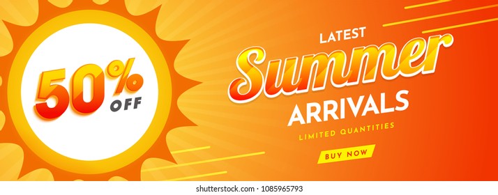 Website, summer sale header or banner design with 50% off offers on yellow background. Summer Arrivals Collections Text.