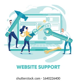 Website Support Flat Cartoon Banner Vector Illustration. Technical Services Concept. Software Engineers with Laptop at Work. Small People Holding Hammer, Wrench and Screwdriver Trying to Fix Gadget.