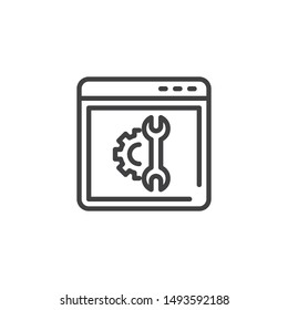 Website support line icon. Browser settings linear style sign for mobile concept and web design. Browser page with gear and wrench outline vector icon. Symbol, logo illustration. Vector graphics