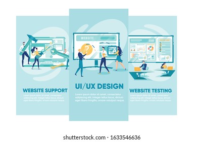 Website Support, Technical Services Concept Flat Cartoon Vector Illustration. Peopel Fixing Laptop. UI UX Design, Client Clicking Button. Woman and Man Sitting at Tables and Testing Site.