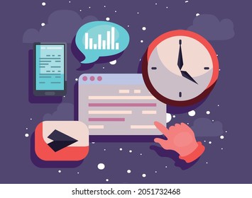 website with symbols of digital marketing theme