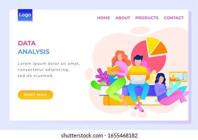 Website of team, people doing data analysis. People working on project together. Ladies and guy study and read using books and laptops. Students prepare business report. Vector illustration in flat